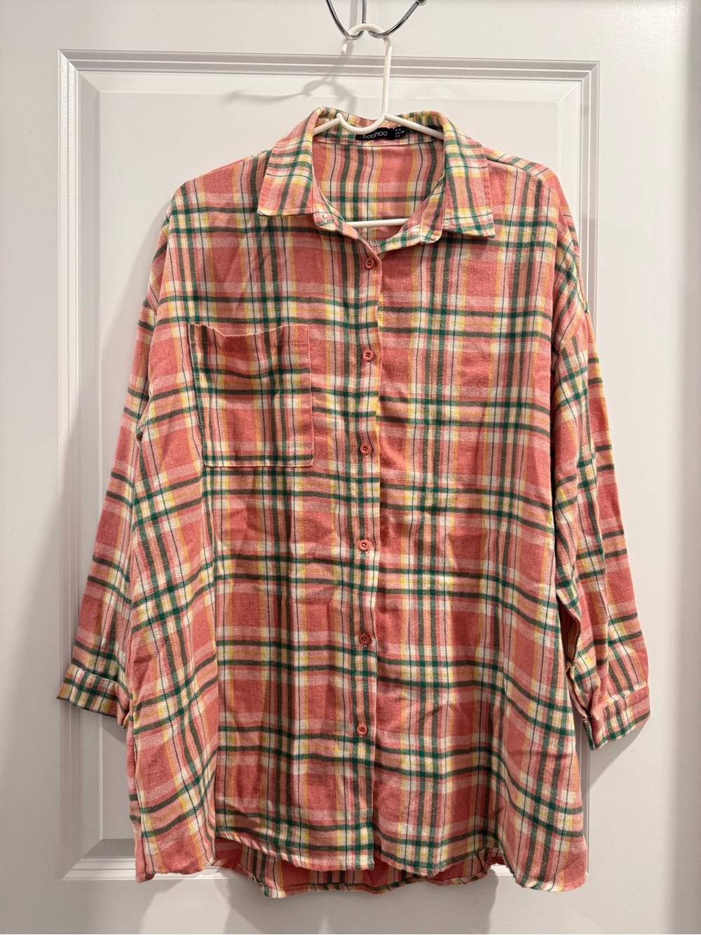Boohoo Coral Plaid Button-Up Shirt